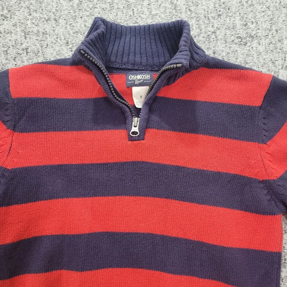 OshKosh B'gosh Kids Boys Red Navy Striped Quarter Zip Sweater‎ Size 8 FLAW
